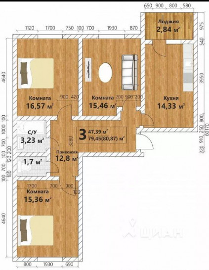 Трёхкомнатная квартира 80.87 м²