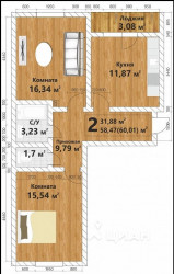 Двухкомнатная квартира 60.01 м²