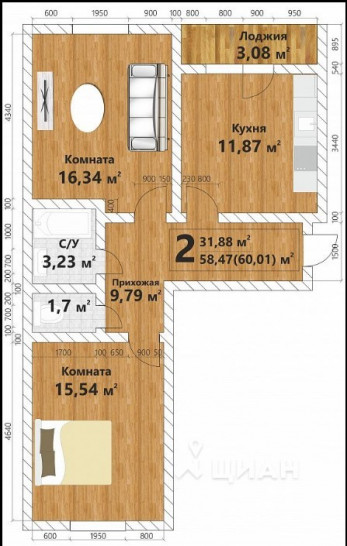 Двухкомнатная квартира 60.01 м²