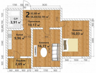 Двухкомнатная квартира 58.19 м²