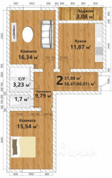 Двухкомнатная квартира 60.01 м²
