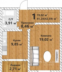 Однокомнатная квартира 42.09 м²